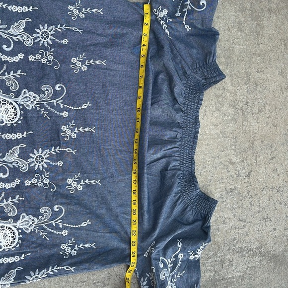 Roaman's  Blue Chambray White Embellished Lace Off Shoulder Top, Size 16W - Picture 6 of 7